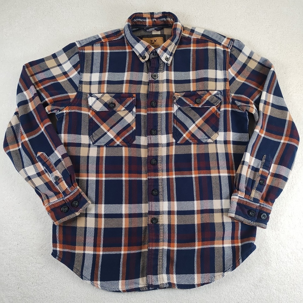 Outdoor Life Flannel Shirt Men's Med Blue Tan Plaid Twill Pockets Heavyweight
